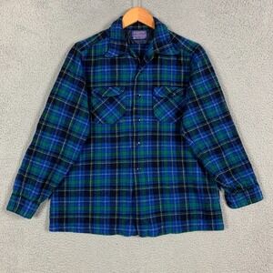 Vintage Pendleton Shirt Men's XL (Fits Large) Blue/Green Plaid Wool USA SHRUNK